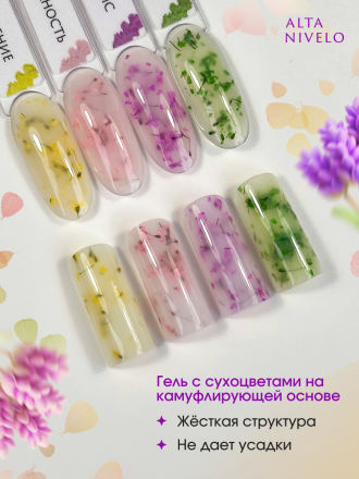 ALTA NIVELO   Gel Black РОЗОВАЯ БЕЗМЯТЕЖНОСТЬ   15г   Гель для моделирования средне-жидкий с сухоцветами